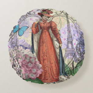 Victorian Woman in Red Colourful Fashion Round Pillow