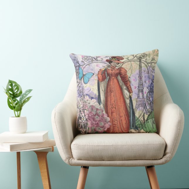 Victorian Woman in Red Colourful Fashion Throw Pillow (Chair)