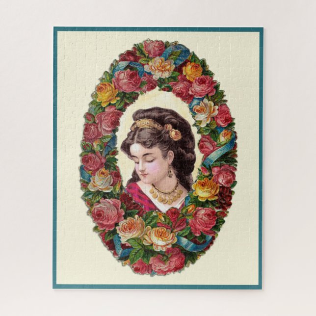 Victorian Woman Inside Multicolor Rose Wreath Jigsaw Puzzle (Vertical)