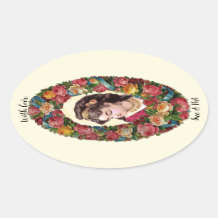 Victorian Woman Inside Multicolor Rose Wreath Oval Sticker