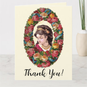 Victorian Woman Inside Multicolor Rose Wreath Thank You Card