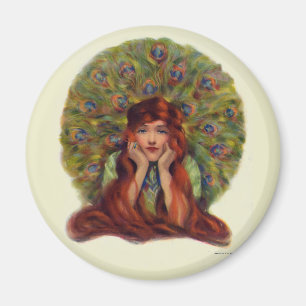 Victorian woman peacock feathers art nouveau magnet
