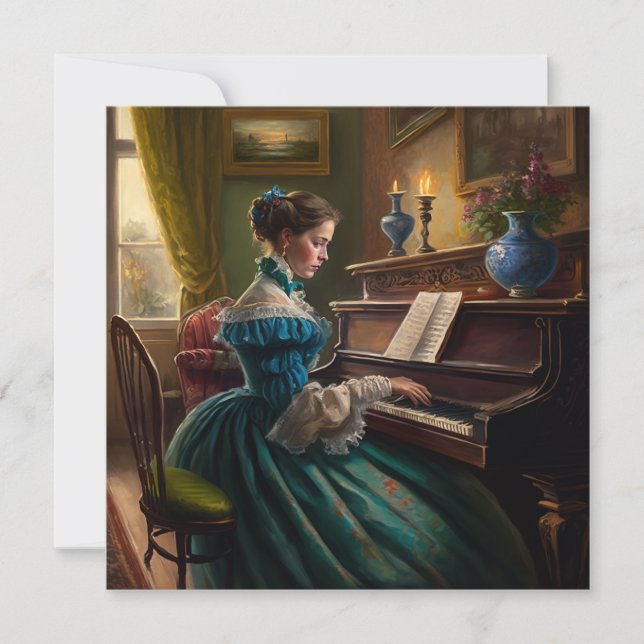 Victorian woman playing piano card (Front)