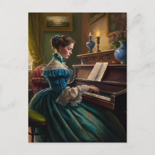 Victorian woman playing piano postcard