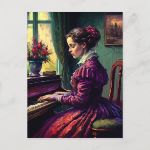 Victorian woman playing the piano, oil painting postcard