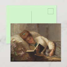 Victorian Woman Reading Holding Kitten Postcard 