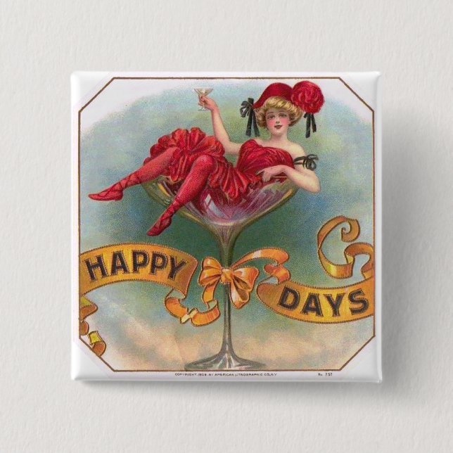 Victorian Woman Red Champagne Happy 2 Inch Square Button (Front)