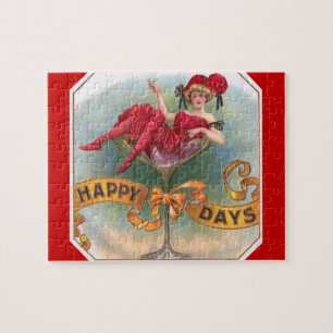 Victorian Woman Red Champagne Happy Jigsaw Puzzle