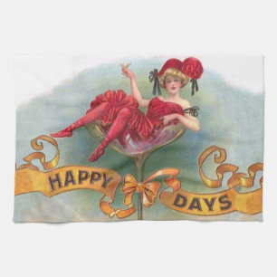 Victorian Woman Red Champagne Happy Kitchen Towel