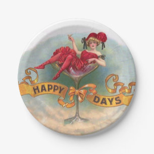 Victorian Woman Red Champagne Happy Paper Plate