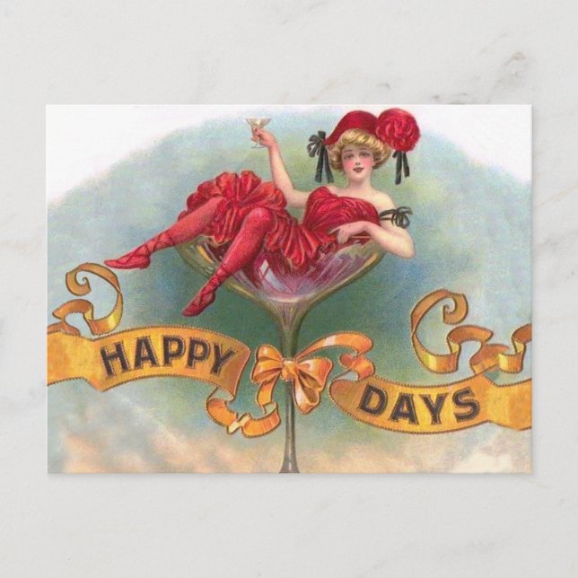 Victorian Woman Red Champagne Happy Postcard (Front)