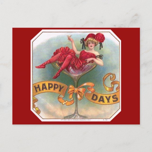 Victorian Woman Red Champagne Happy Postcard (Front)