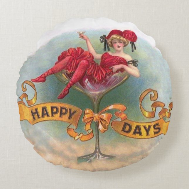 Victorian Woman Red Champagne Happy Round Pillow (Front)