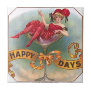 Victorian Woman Red Champagne Happy Tile