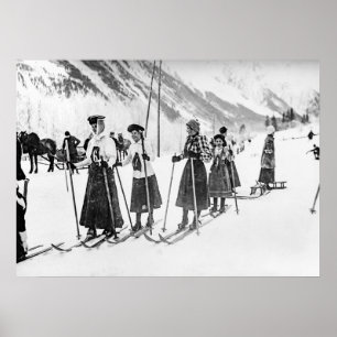 Victorian Woman Skiers, Black and White Vintage  Poster