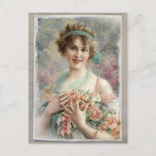 Victorian Woman w/ Roses on Watercolor Postcard