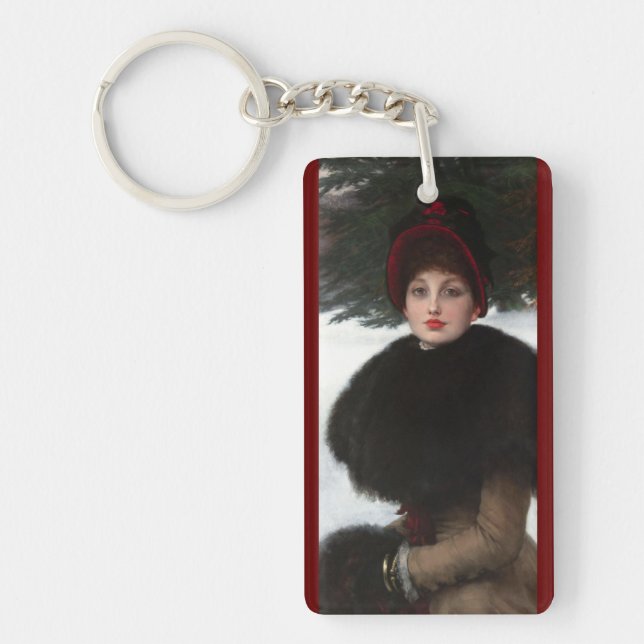Victorian woman winter scene portrait red white  keychain (Front)