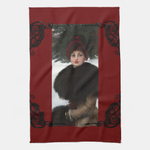 Victorian woman winter scene portrait vintage kitchen towel