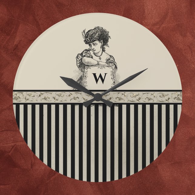 Victorian Woman with Initial Signboard and Stripes Large Clock (Creator Uploaded)