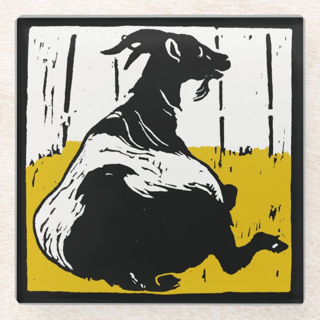 Victorian Woodcut Farm Animal Goats Glass Coaster (Front)
