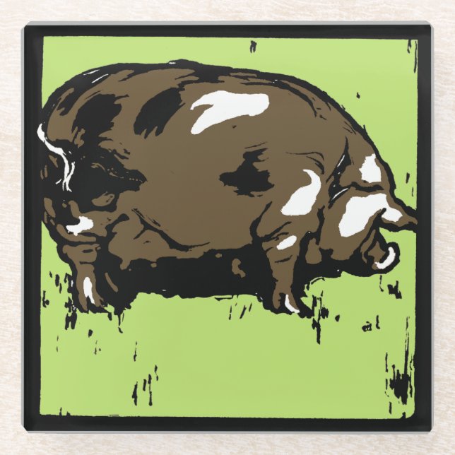 Victorian Woodcut Farm Animals Pigs Glass Coaster (Front)