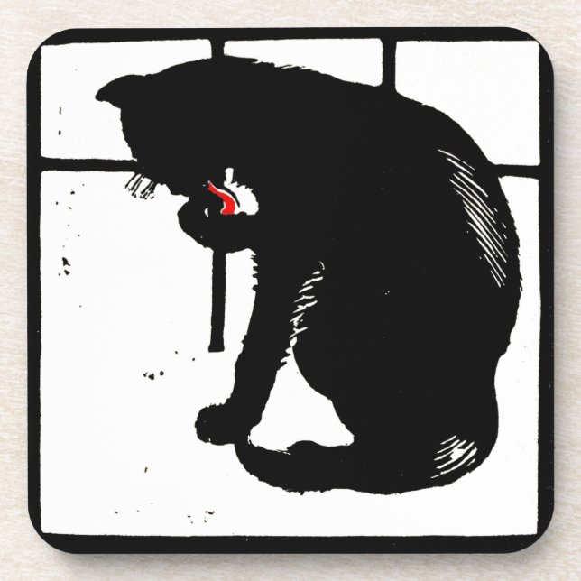 Victorian Woodcut Kitty Cat On Coaster (Front)