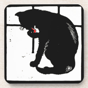 Victorian Woodcut Kitty Cat On Coaster