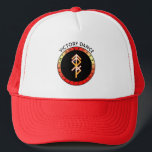 Victory Dance Bind Rune Trucker Hat<br><div class="desc">Combining Runes to represent the Norse gods Odin, Freyja, Thor, and Tyr, as well as the Rune for Overcoming Challenges, this bindrune celebrates the victory of light over darkness in a powerful dance of the energies of Othala, Fehu, Thurisaz, Tiwaz, and Naudhiz. Runes have been used since ancient times as...</div>