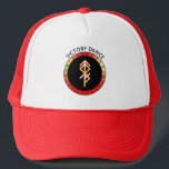 Victory Dance Bind Rune Trucker Hat<br><div class="desc">Combining Runes to represent the Norse gods Odin, Freyja, Thor, and Tyr, as well as the Rune for Overcoming Challenges, this bindrune celebrates the victory of light over darkness in a powerful dance of the energies of Othala, Fehu, Thurisaz, Tiwaz, and Naudhiz. Runes have been used since ancient times as...</div>
