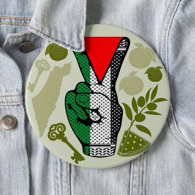 Victory Sign Hand Resistance Red Triangle Symbol 6 Inch Round Button (In Situ)