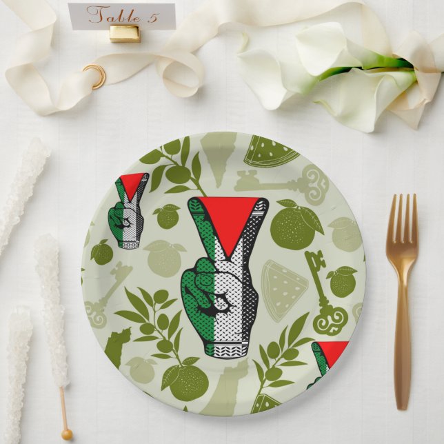 Victory Sign Hand Resistance Red Triangle Symbol Paper Plate (Wedding)