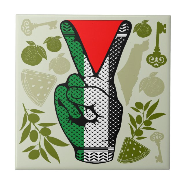 Victory Sign Hand Resistance Red Triangle Symbol Tile (Front)