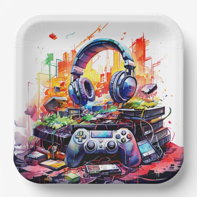 Video Controller and Headphones Boy's Birthday Paper Plate (Front)