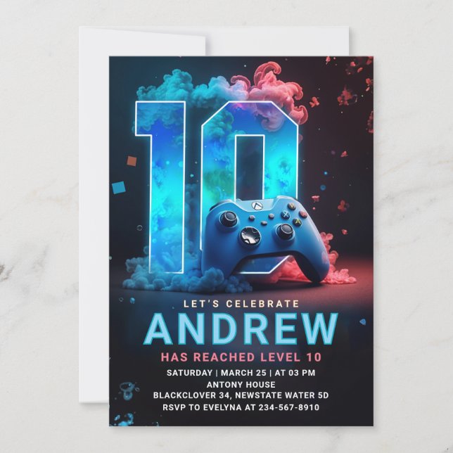 Video Game 10th Birthday Party Invitation (Front)