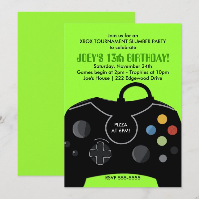 Video Game Birthday Boys Invitation Neon Green (Front/Back)