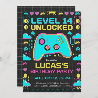 =Video Game Birthday Invitation Pixel Gamer Party