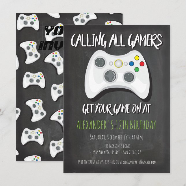 Video Game Birthday Party Invitations (Front/Back)