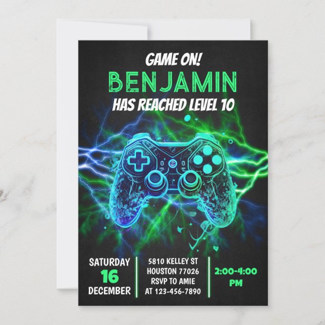 Video Game Birthday Party Level Up Game On Neon Invitation (Front)
