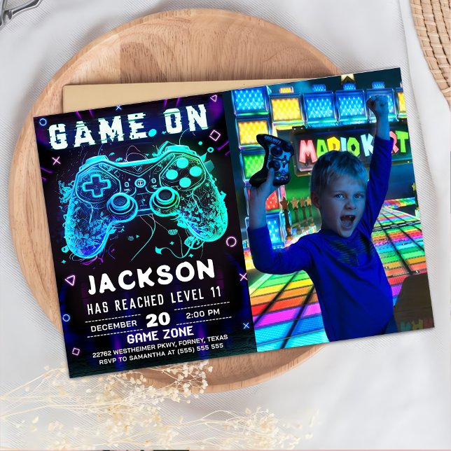 Video Game Birthday Party Neon Game On Invitation (Creator Uploaded)