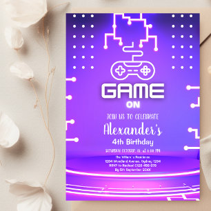 Video Game Birthday Party Neon Game On Level Up Invitation