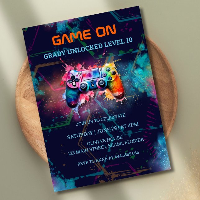 Video Game Birthday Party Neon Game On Level Up Invitation (Creator Uploaded)