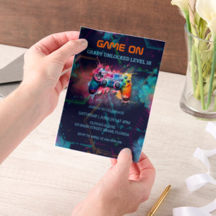 Video Game Birthday Party Neon Game On Level Up Vellum Invitations
