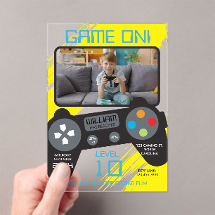 Video Game Blue Yellow Cool Boy Photo Birthday Acrylic Invitations
