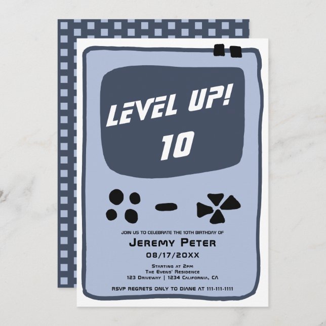 Video game console level up 10 kid birthday invitation (Front/Back)