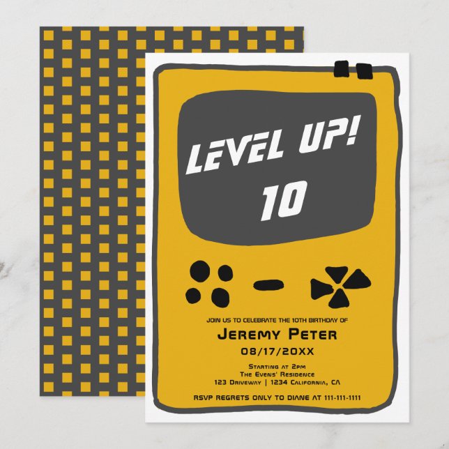 Video game console level up 10 kid birthday invitation (Front/Back)