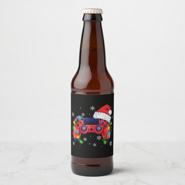 Video Game Controller Christmas Santa Hat Gamer Bo Beer Bottle Label (Front)