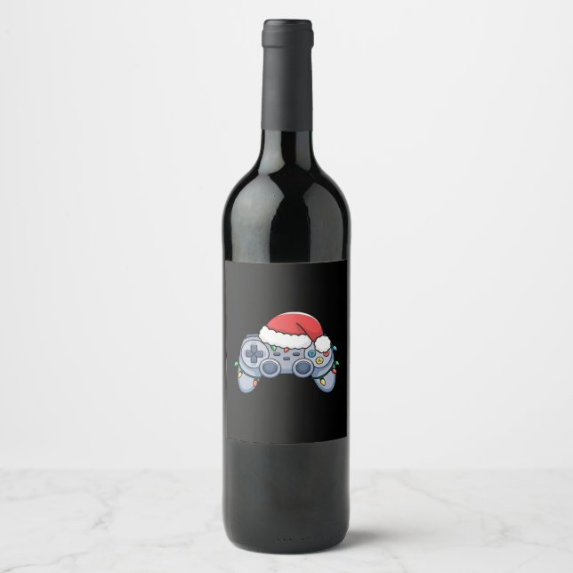 Video Game Controller Christmas Santa Hat Gamer Wine Label (Front)