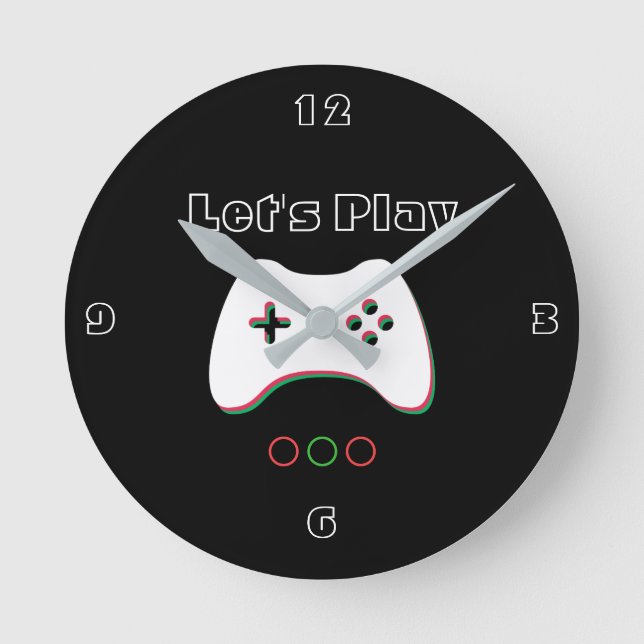 Video Game Controller, Let's Play, Red & Green Art Round Clock (Front)