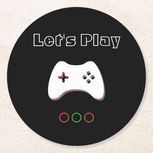 Video Game Controller, Let's Play, Red & Green Art Round Paper Coaster (Front)