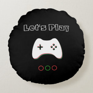 Video Game Controller, Let's Play, Red & Green Art Round Pillow